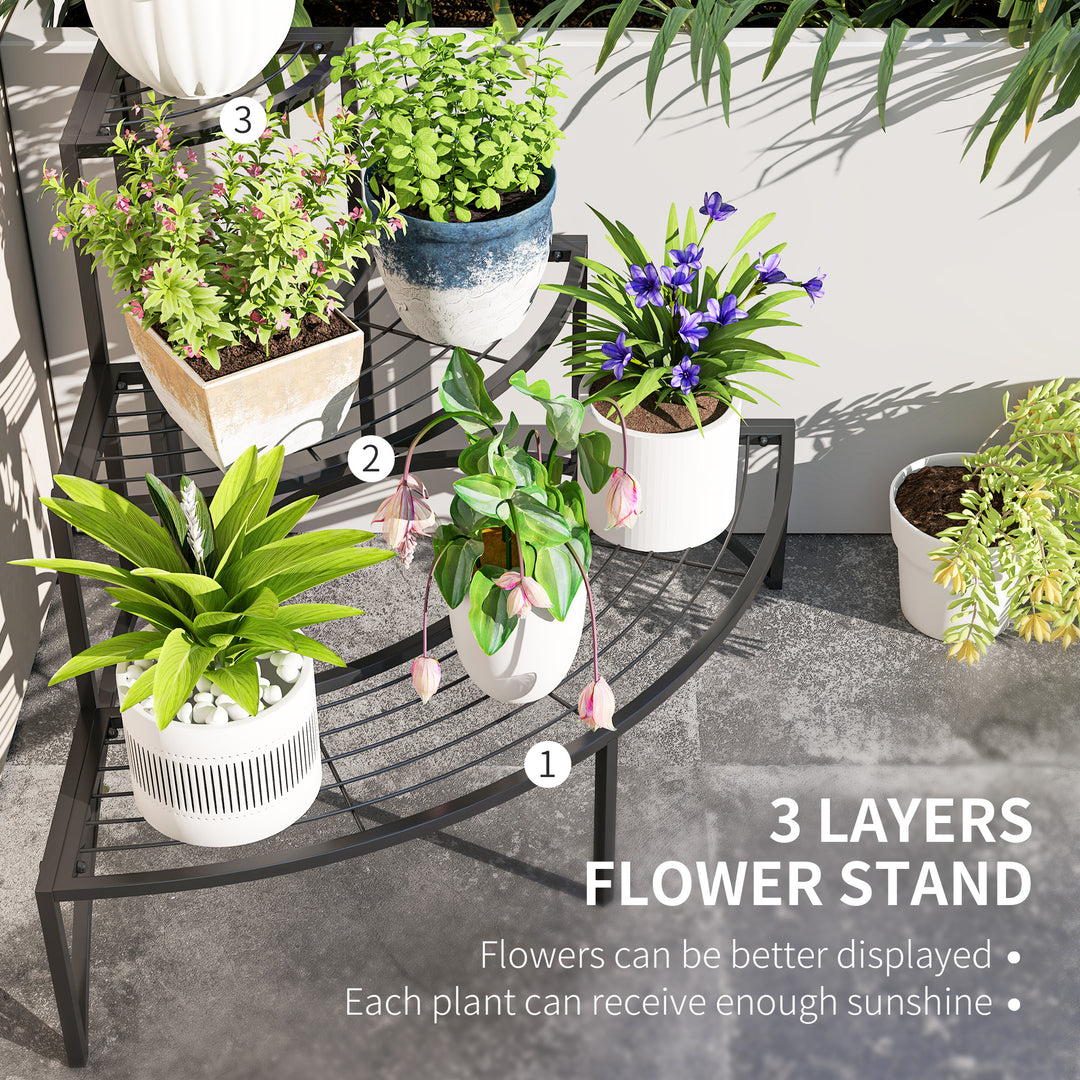 Outsunny Three-Tier Corner Metal Plants Shelves - Black