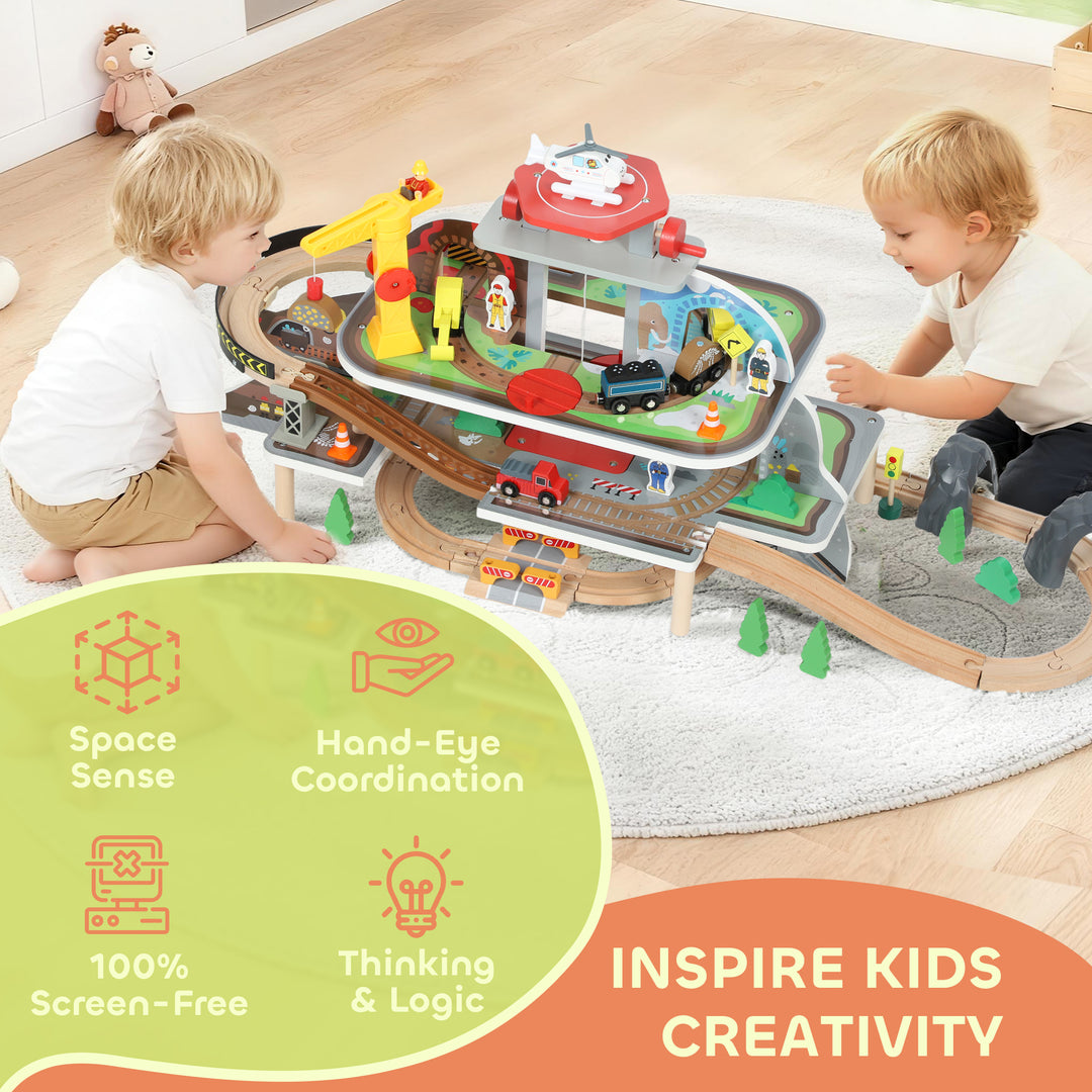 MCL 79 Piece Wooden Train Set, Kids Train Track Mine Themed with Crane, Helicopter