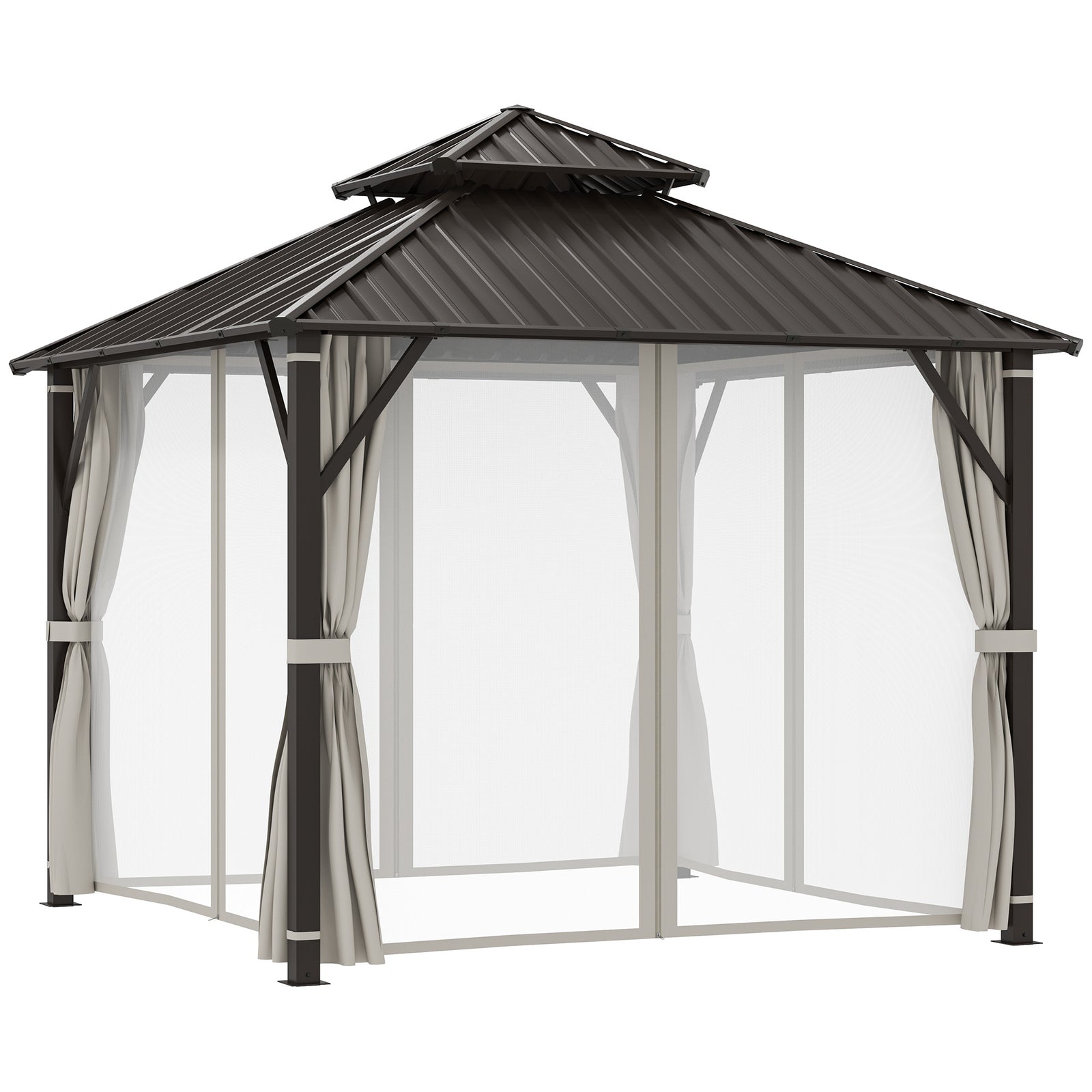 3 x 3(m) Hardtop Gazebo Canopy with Double Metal Roof, Waterproof Permanent Pavilion Garden Gazebo with Netting and Curtains, Easy to Assemble