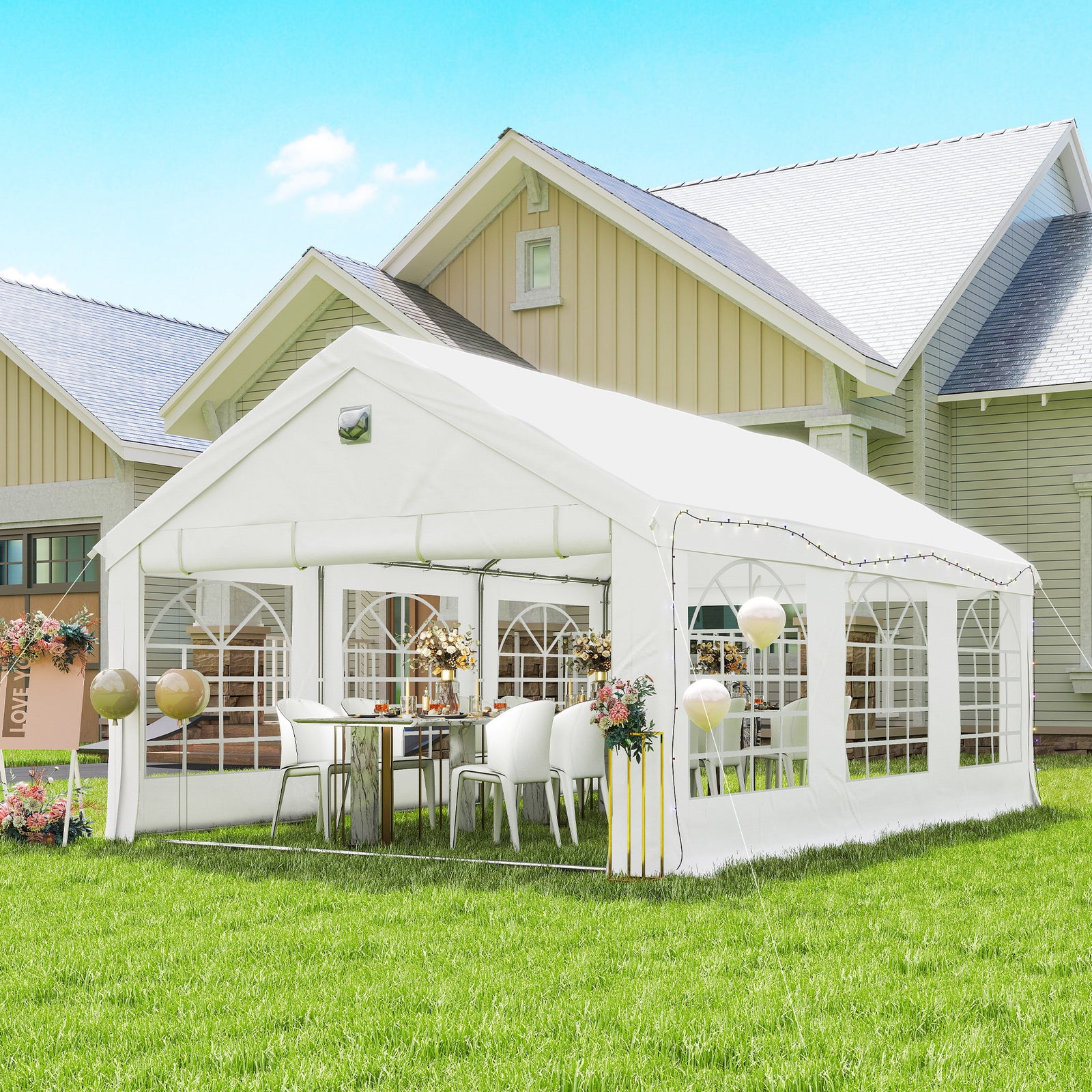 6 x 4 m Party Tent, Heavy Duty Gazebo Canopy with Windows, Outdoor Par