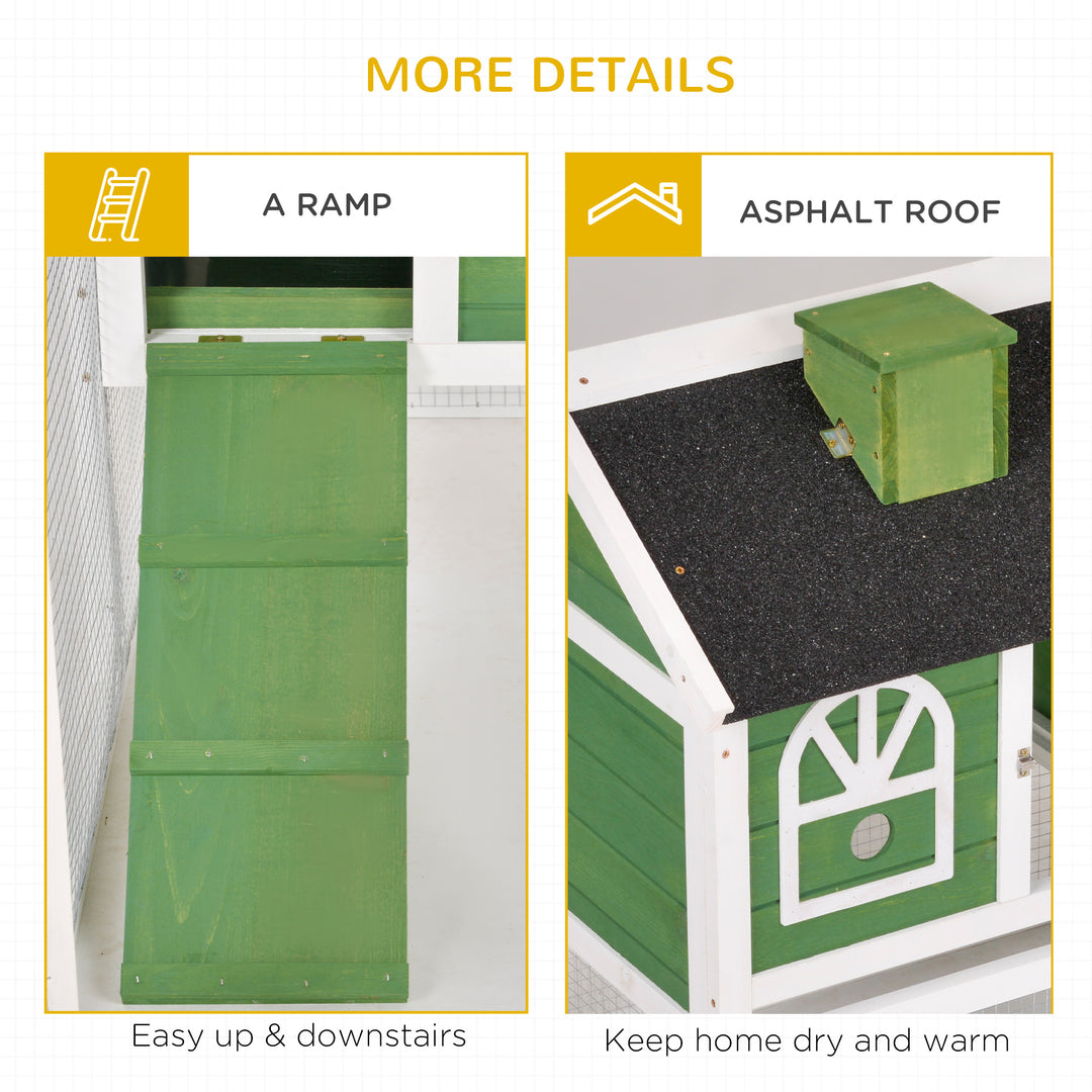 Wooden Rabbit Hutch and Run with Sliding Tray, Ramp, Water-resistant Roof, for 2-4 Rabbits, Green
