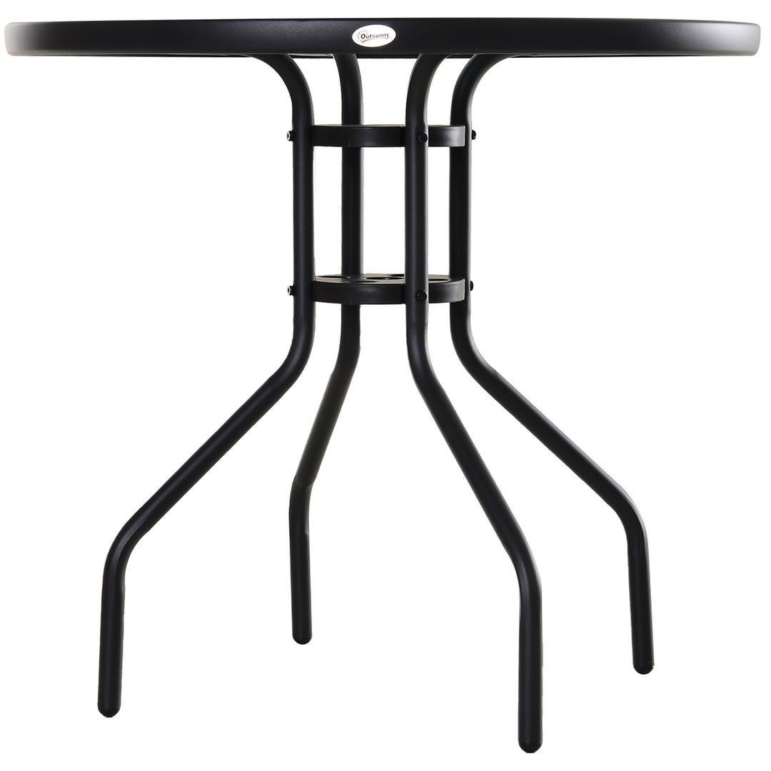 80 cm Round Garden Dining Table with Parasol Hole for 4, Outdoor Coffee Bistro End Side Table with Tempered Glass Top and Steel Frame for Patio, Porch, Black