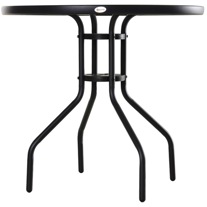 80 cm Round Garden Dining Table with Parasol Hole for 4, Outdoor Coffee Bistro End Side Table with Tempered Glass Top and Steel Frame for Patio, Porch, Black