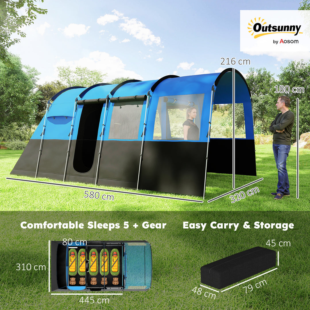 8-Person Camping Tent, Waterproof Family Tent, Tunnel Design, 4 Large Windows, Sleeping Cabins 3000mm Water Column Blue