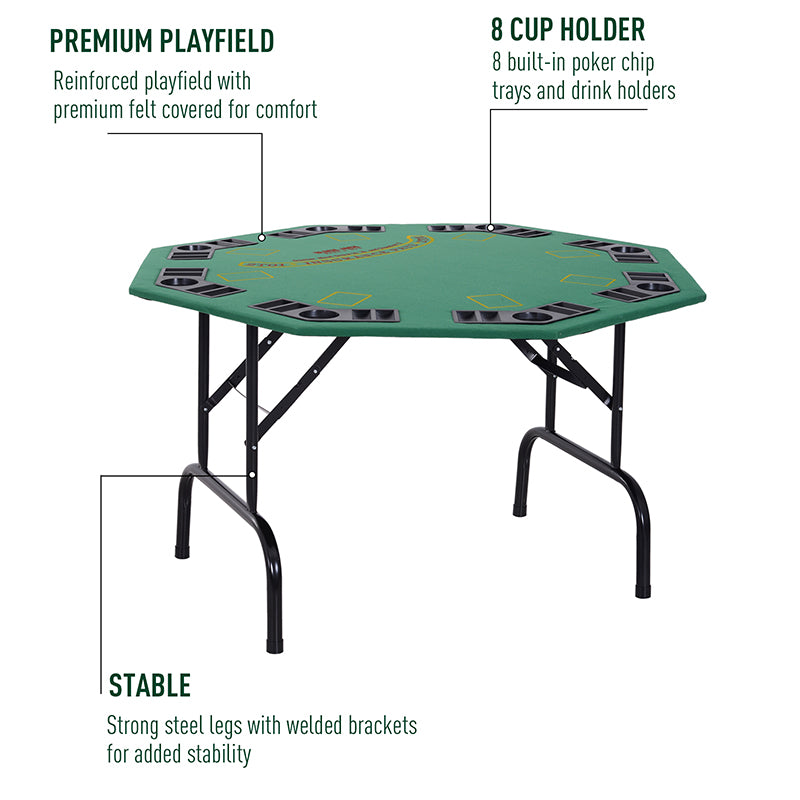 8 Player Folding Games Poker Table with Chip Cup Holder Steel Base Felt Top Octagon Blackjack Green
