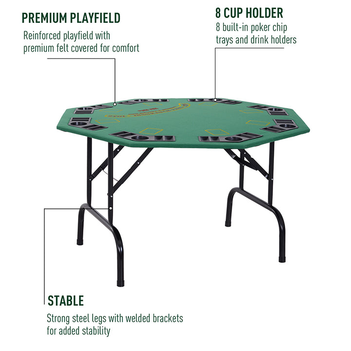 8 Player Folding Games Poker Table with Chip Cup Holder Steel Base Felt Top Octagon Blackjack Green