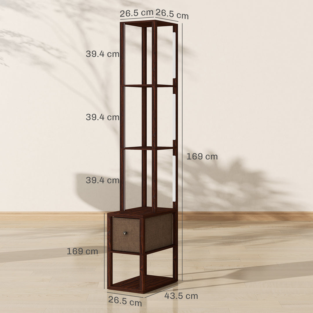 Floor Lamp with Shelves, LED Column Modern Standing Lamp with Fabric Drawer, Adjustable Brightness, Foot Switch for Living Room, Bedroom, Office, Dark Brown