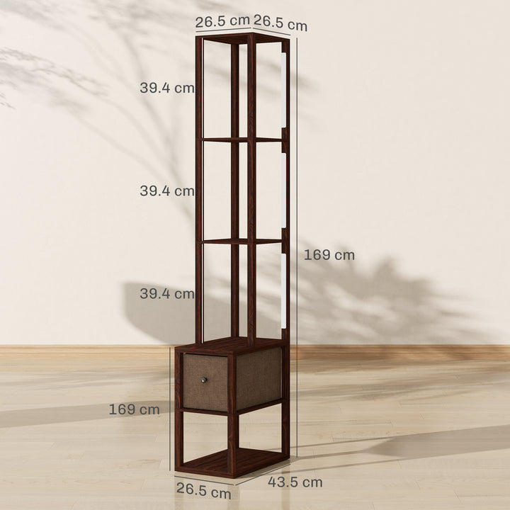 Floor Lamp with Shelves, LED Column Modern Standing Lamp with Fabric Drawer, Adjustable Brightness, Foot Switch for Living Room, Bedroom, Office, Dark Brown