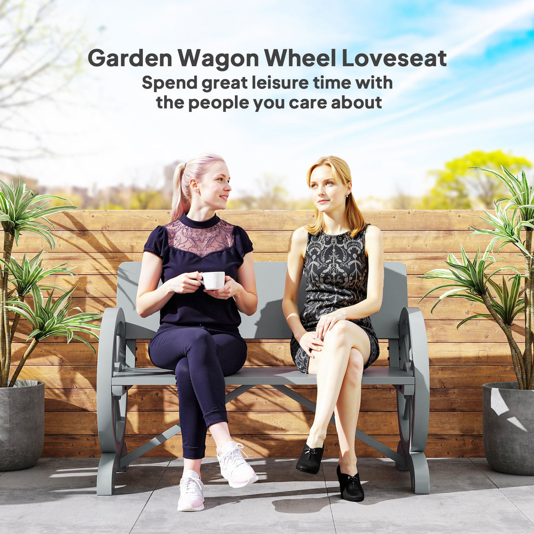 Fir Wood 2-Seater Outdoor Garden Wagon Wheel Bench, Grey