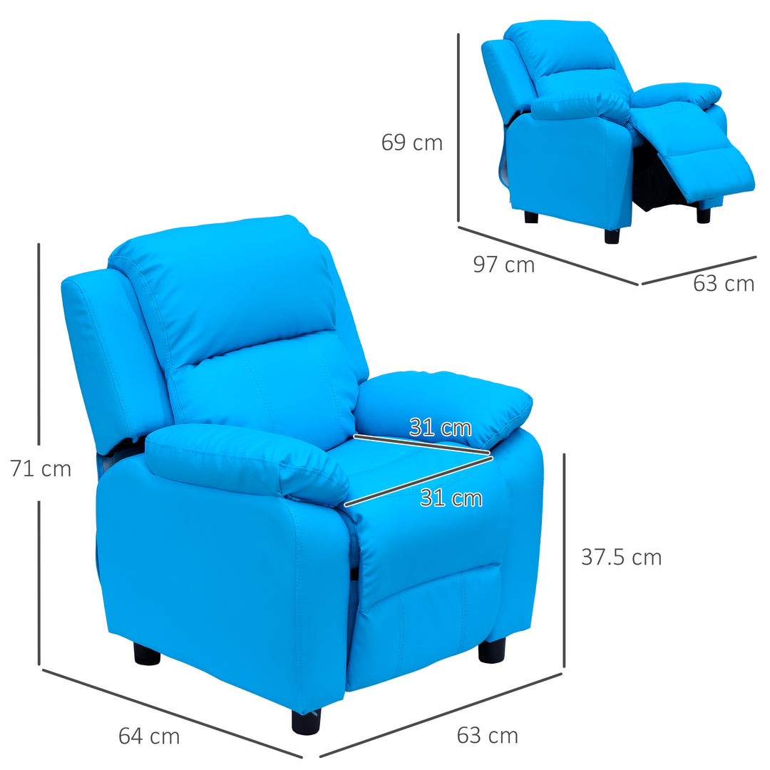 HOMCOM Children's Recliner Armchair, Kids Lounger Sofa Chair with Storage Arms, PU Leather Look, Games Seat, Blue | Aosom UK