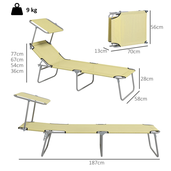 Outdoor Foldable Sun Lounger Set of 2, 4 Level Adjustable Backrest Reclining Sun Lounger Chair with Angle Adjust Sun Shade Awning for Beach, Garden, Patio, Beige
