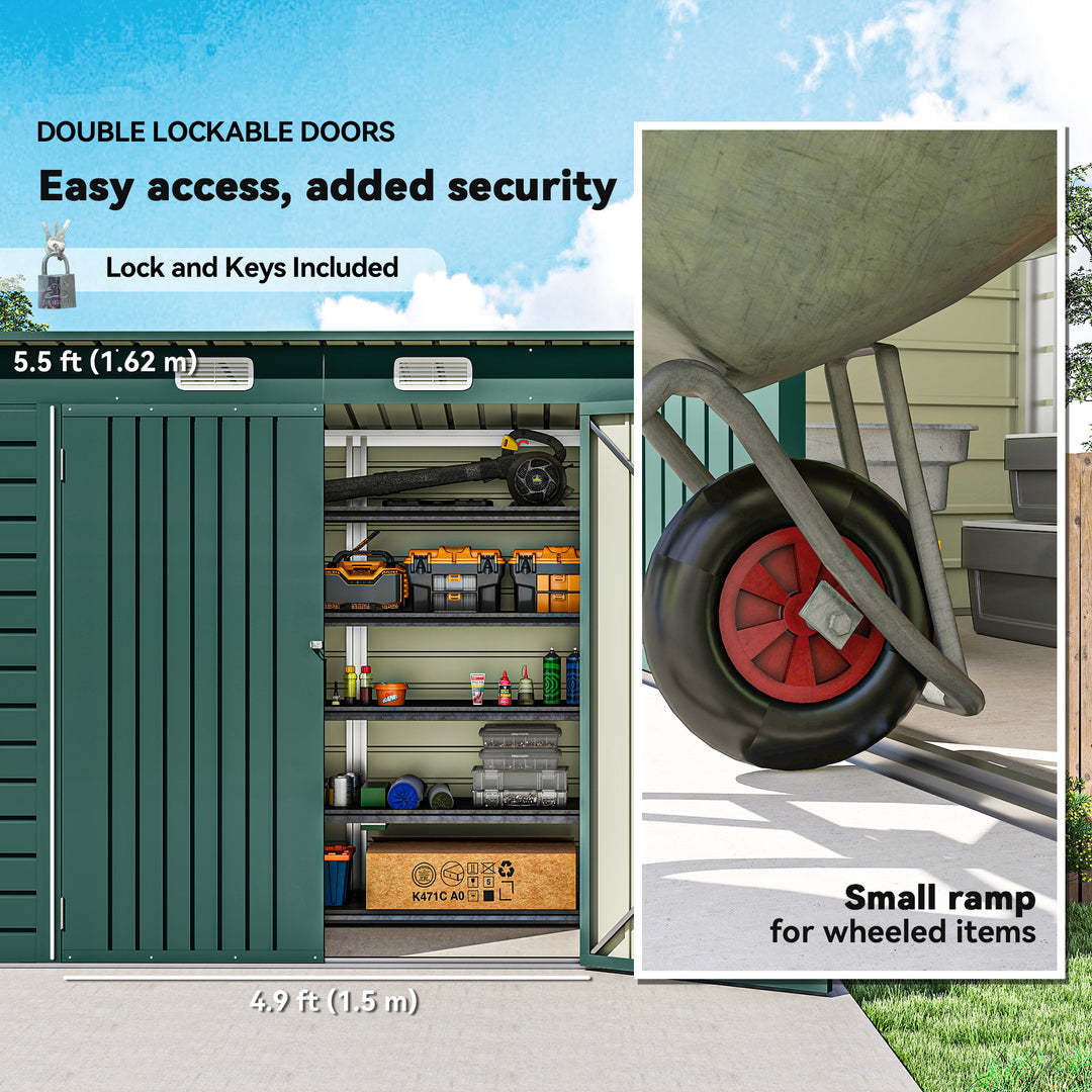 3.7 x 7.9ft Galvanised Steel Shed, with Latched Door and Padlock - Green