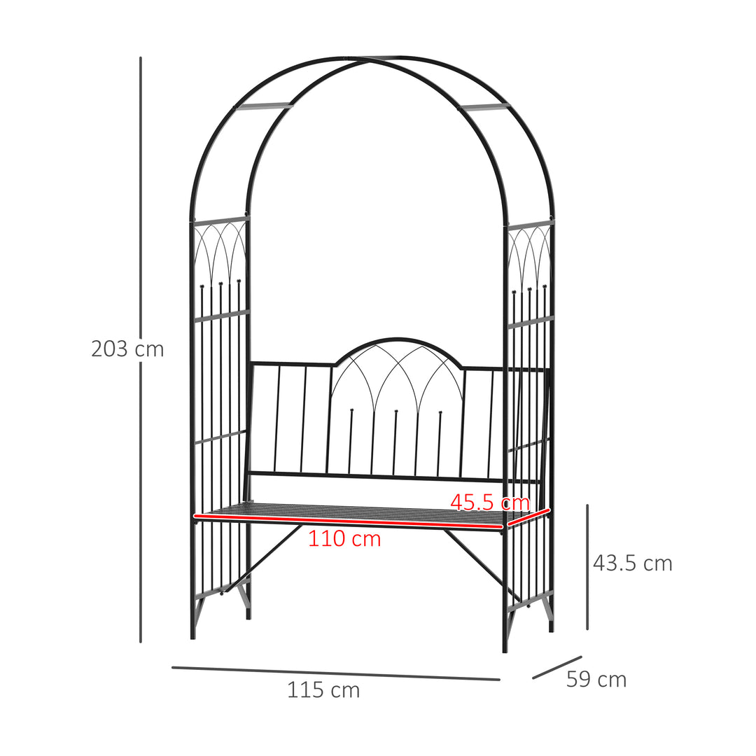 MCL Garden Metal Arch Bench Outdoor Patio Rose Trellis Arbour Pergola for Climbing Plant Antique Style 2-Seater Chair, Black