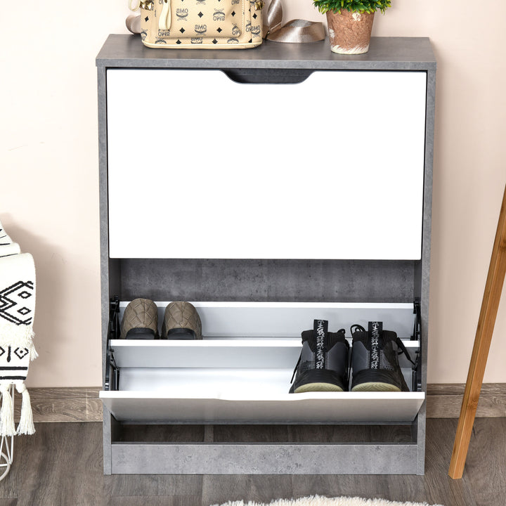 HOMCOM Wooden Shoe Cabinet Small Shoe Cabinet Shoe Rack Wooden with 4 Adjustable Shelves in 2 Drawers, Anti-Tipping, Grey | Aosom UK