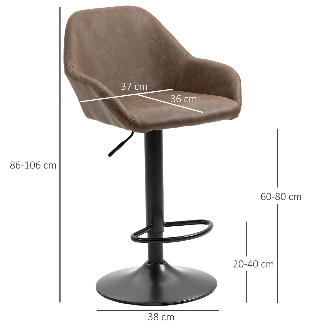 Bar Stools Set of 2, Height Adjustable Swivel Barstools, PU Leather Kitchen Stools with Backs, Armrests and Footrest for Home, Counter and Dining Room, Dark Brown