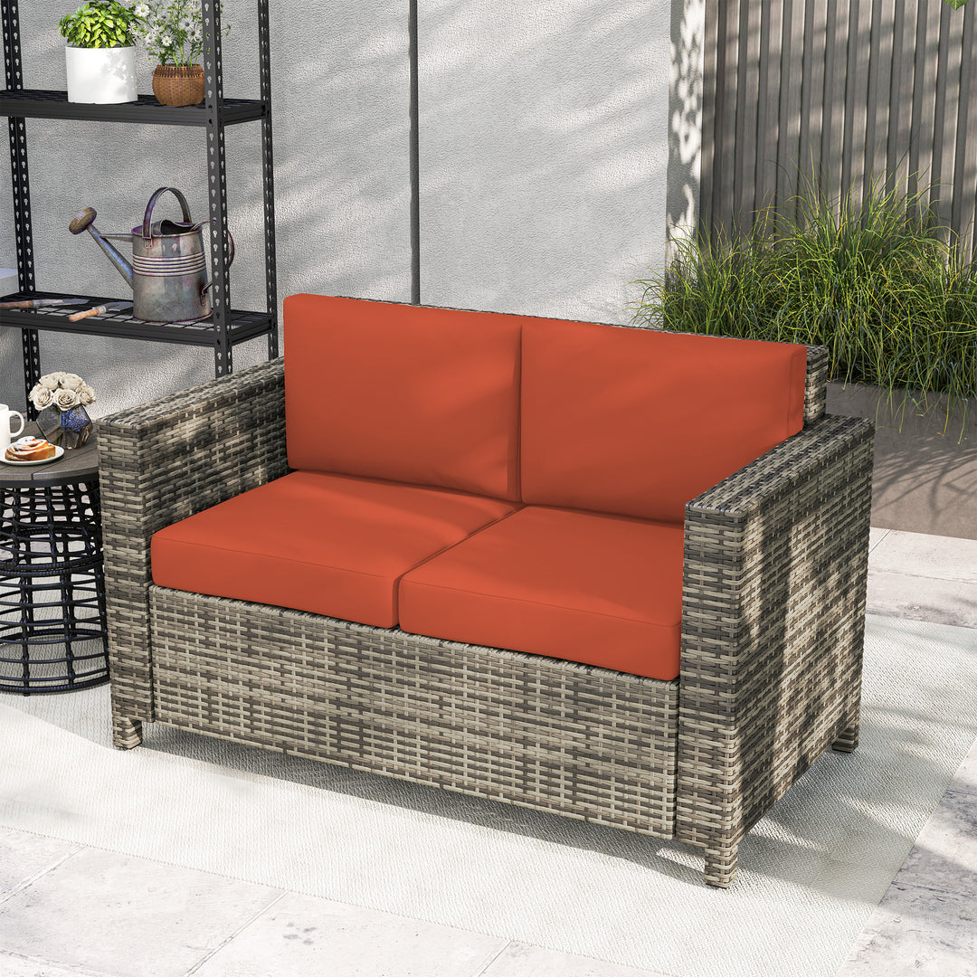 Rattan Sofa, 2 Seater Garden Furniture with Soft Padded Cushion and Armrests, Wicker Garden Loveseat for Patio, Grey