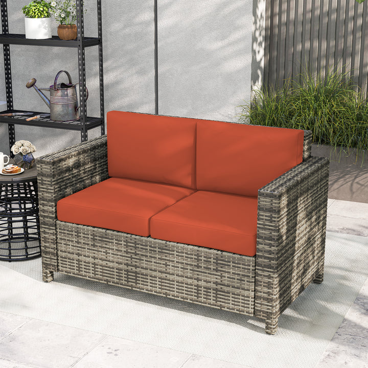 Rattan Sofa, 2 Seater Garden Furniture with Soft Padded Cushion and Armrests, Wicker Garden Loveseat for Patio, Grey