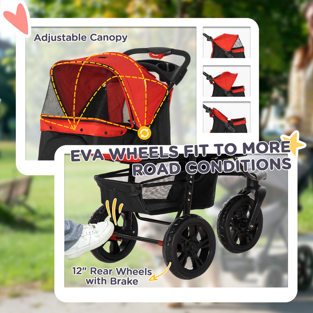 MCL Dog Stroller Foldable Pet Pram, 3 Wheels Dog Pushchair with Brake, for Small Miniature Breeds, Cats, Red