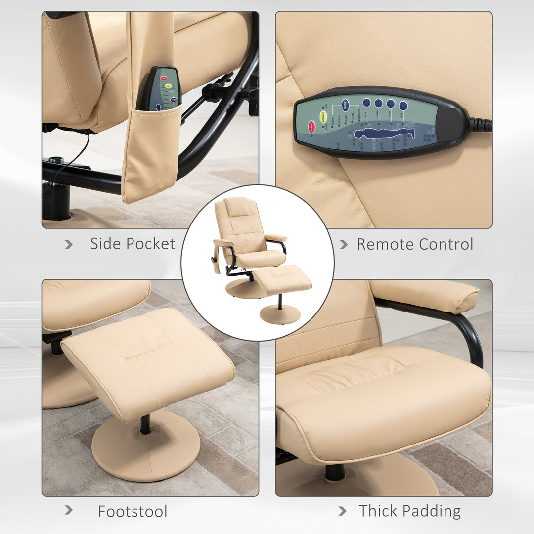 Swivel Recliner Chair and Footstool, Faux Leather Massage Recliner Armchair with Remote Control and Round Wrapped Base, Cream