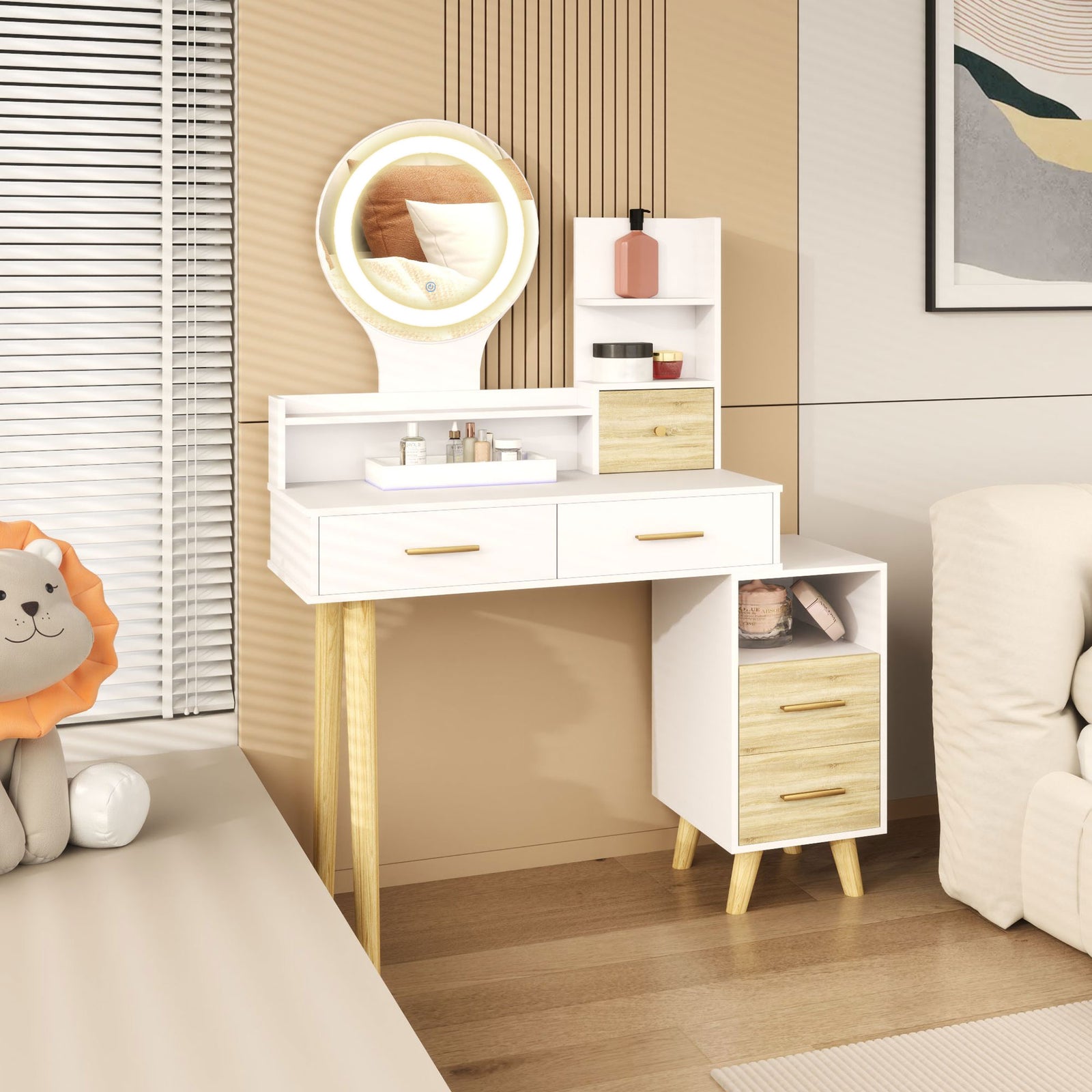 Elegant Dressing Table, with Storage - White