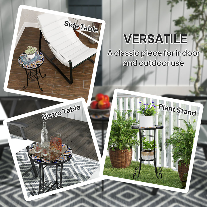 Mosaic Garden Table, 35.5 cm Round Outdoor Table with Shelf, Ceramic Tile Top, Small Garden Side Table Bistro Table End Table Plant Stand for Indoor, Patio, Balcony, Orange