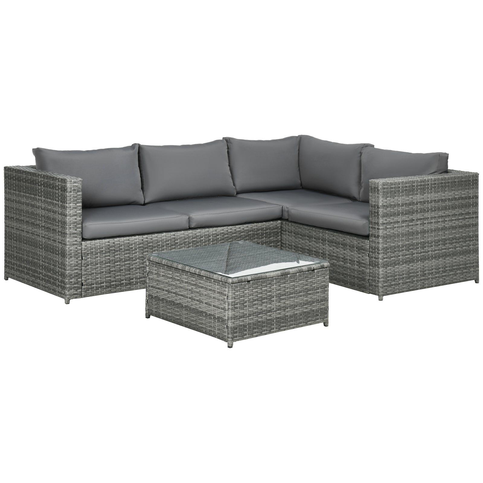 3 Pieces PE Rattan Garden Furniture Set with 10 cm Thick Cushions, 4 Seater Garden Corner Sofa Set with Glass Top Coffee Table, Outdoor Furniture for Patio, Porch, Grey