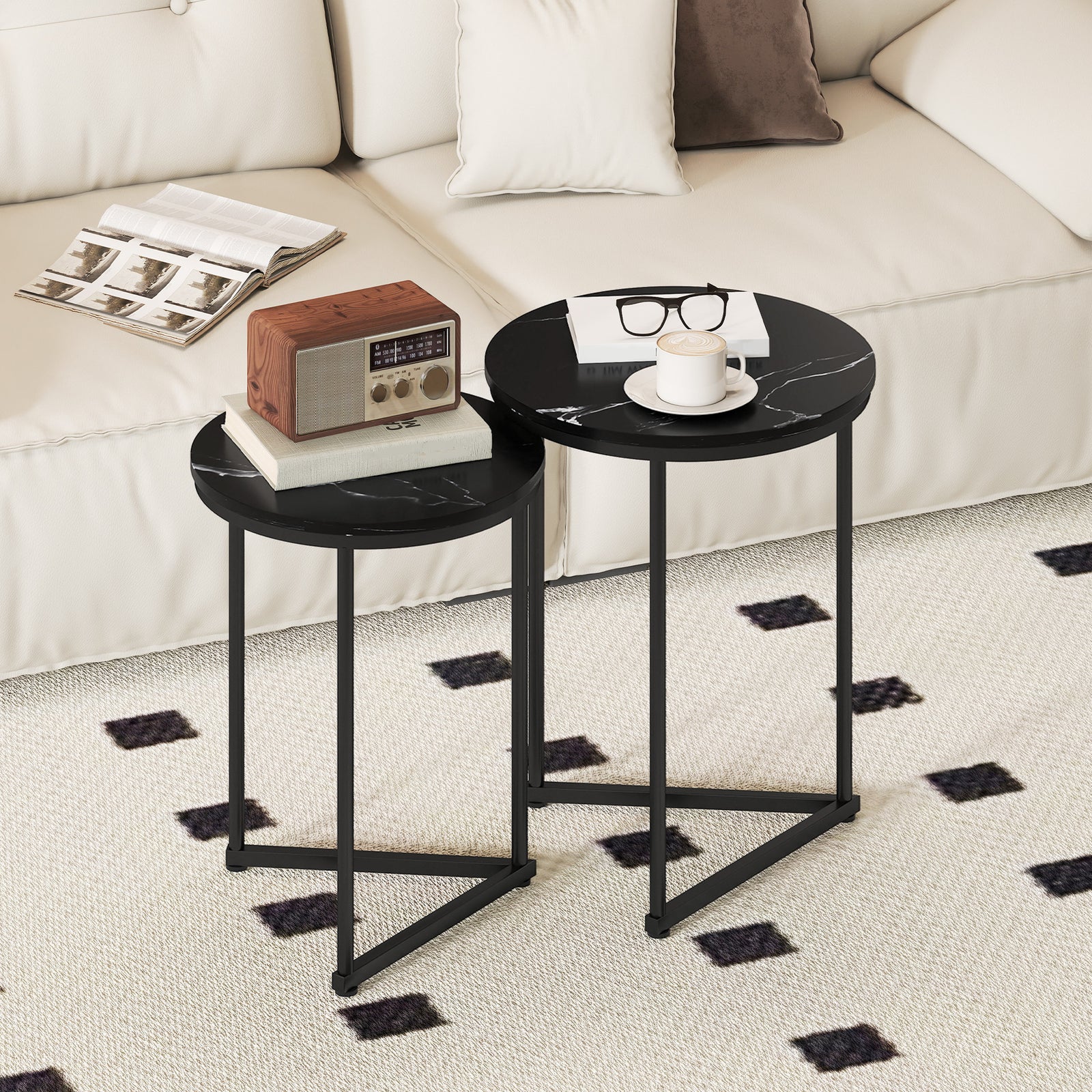 Set of Two Marble-Effect Nest of Tables - Black Marble Effect