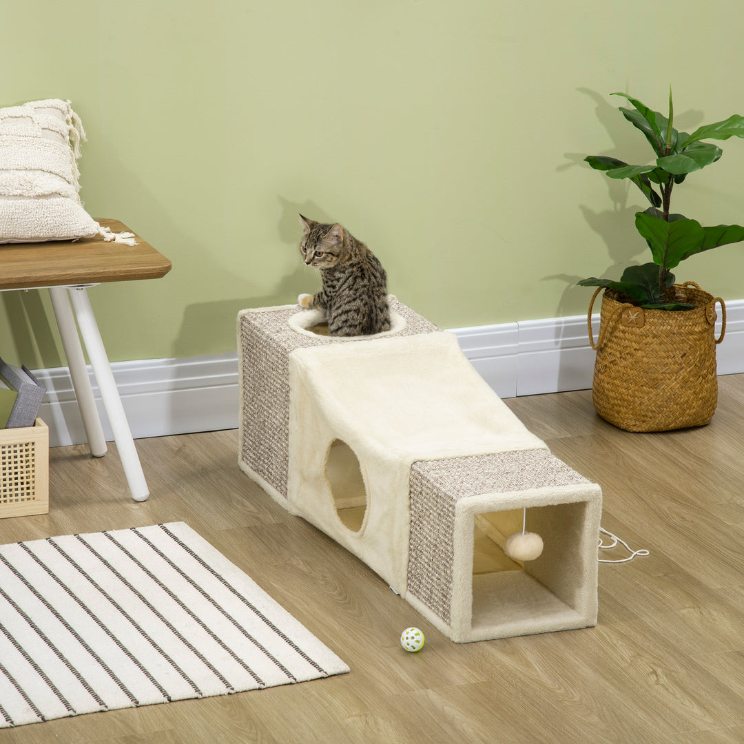 Cat Tunnel, Plush Large Play Tunnel with Two Caves and Hanging Ball, C