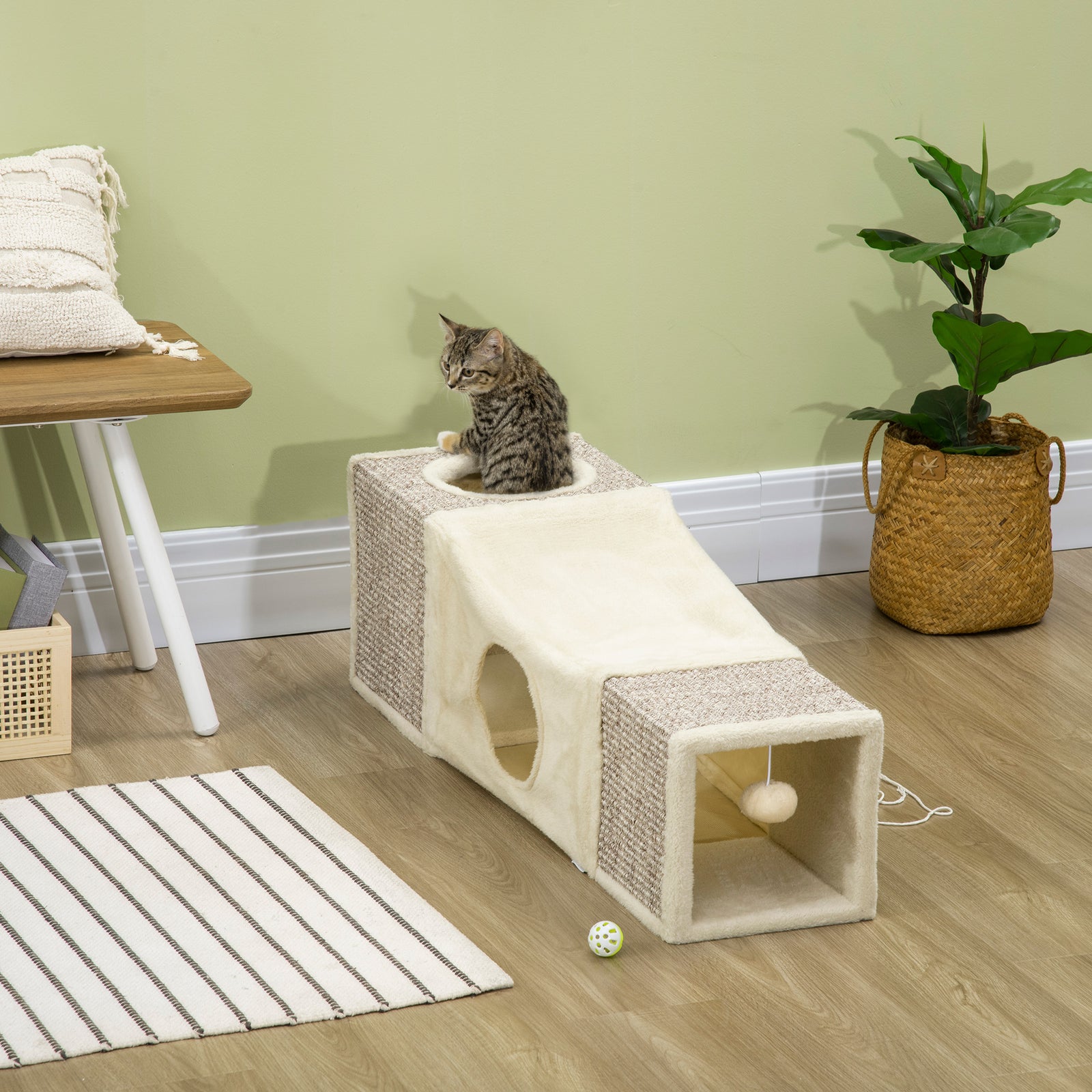 Cat Tunnel, Plush Large Play Tunnel with Two Caves and Hanging Ball, C