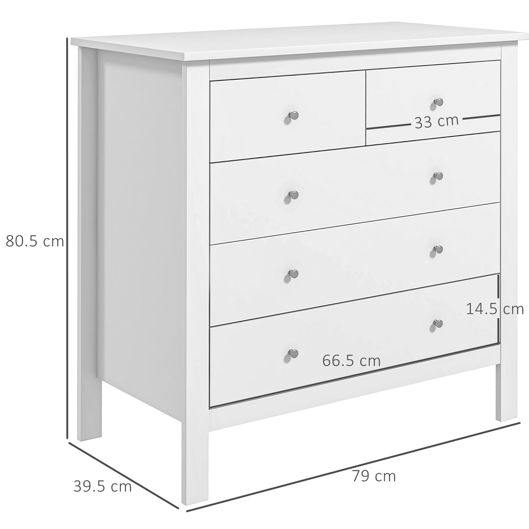 HOMCOM White Storage Cabinet with 5 Drawers, Chest of Drawers with Metal Handles and Runners for Bedroom Living room, Nursery, Closet | Aosom UK