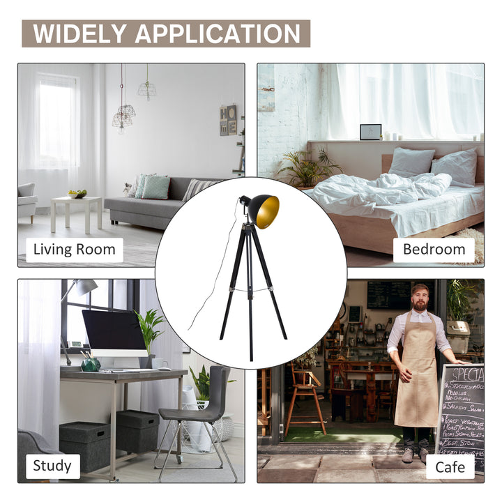 Tripod Floor Lamp, Spotlight Reading Lamp w/ Adjustable Height, Angle, Wood Legs for Living Room, Bedroom, Home, Office, Black and Gold