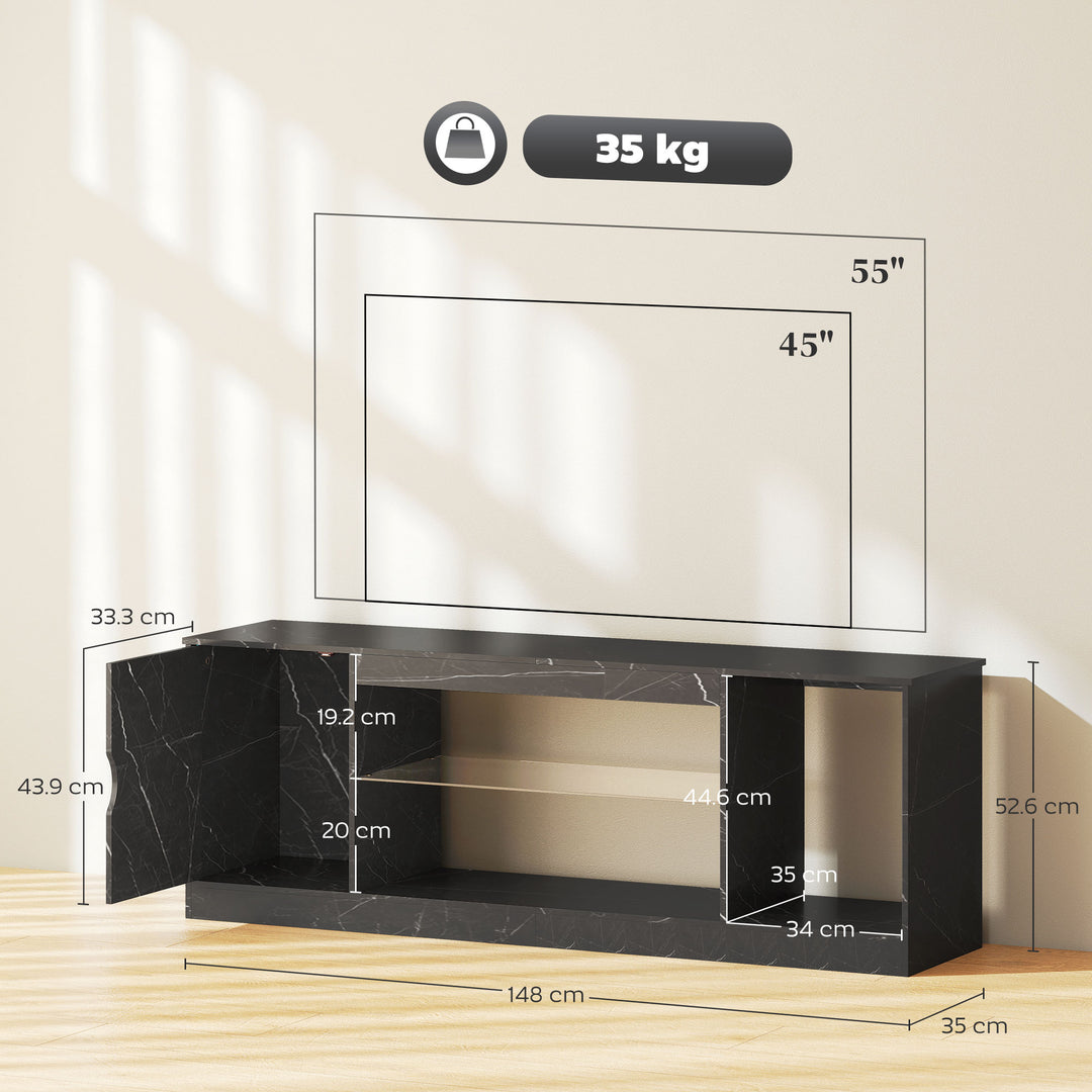 TV Stand Cabinet, Marble Effect TV Unit for up to 55" TVs with Glass Shelf and Storage Cabinet, Entertainment Unit for Living Room, Bedroom, Black