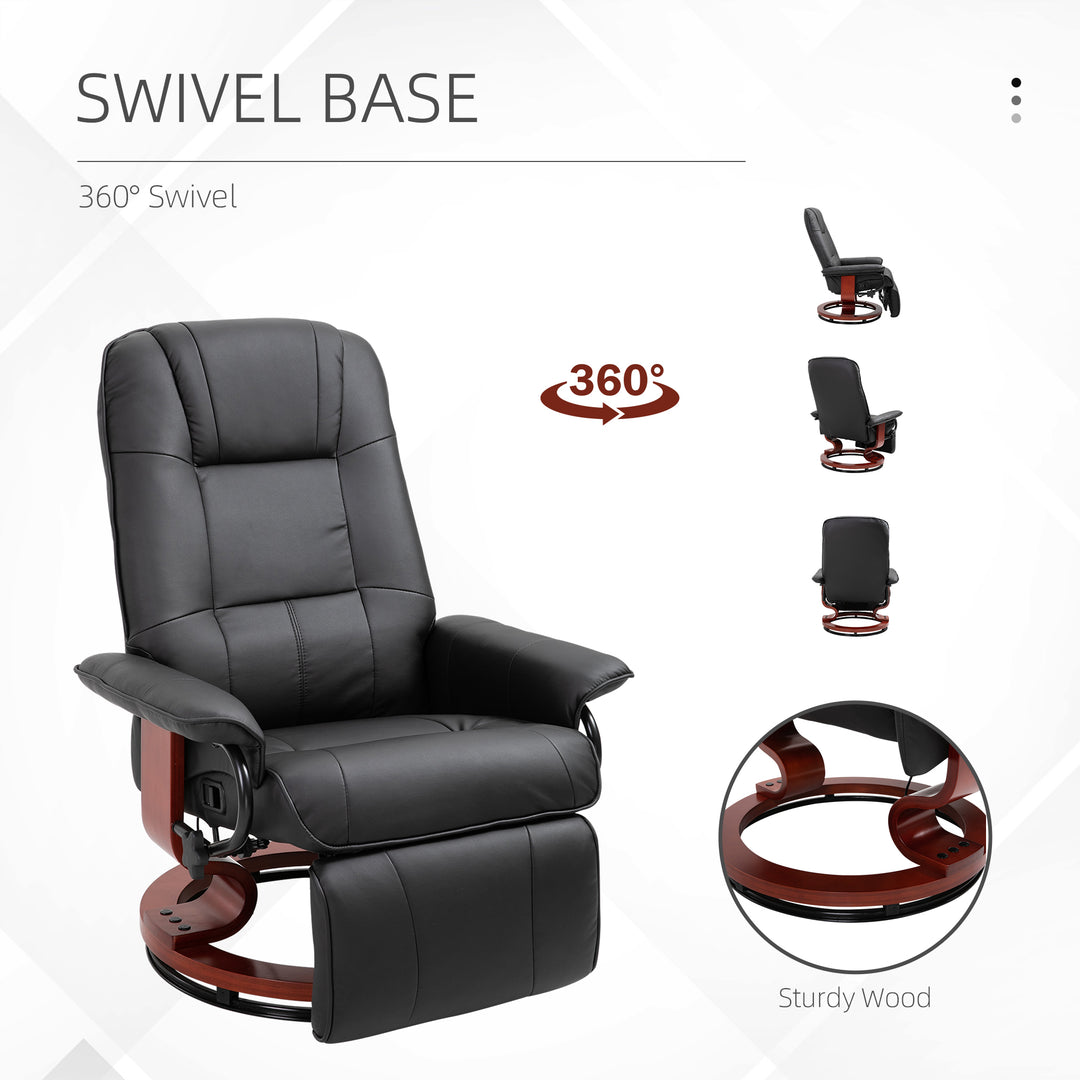 360° Swivel Recliner Chair with Footstool, Manual Recliner Armchair with Wooden Base, Faux Leather Upholstered Reclining Chair for Living Room, Bedroom, Office, Black