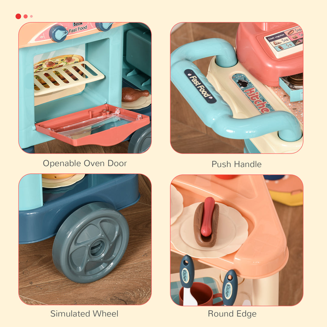 50 Pcs Kids Kitchen Play set Fast Food Trolley Cart Pretend Playset Toys with Play Food Cashier Register Accessories Gift for Boys Girls Age 3-6