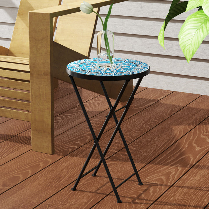 Mosaic Outdoor Garden Table, 35.5cm Round Folding Coffee Table with Metal Frame for Balcony Terrace, Blue