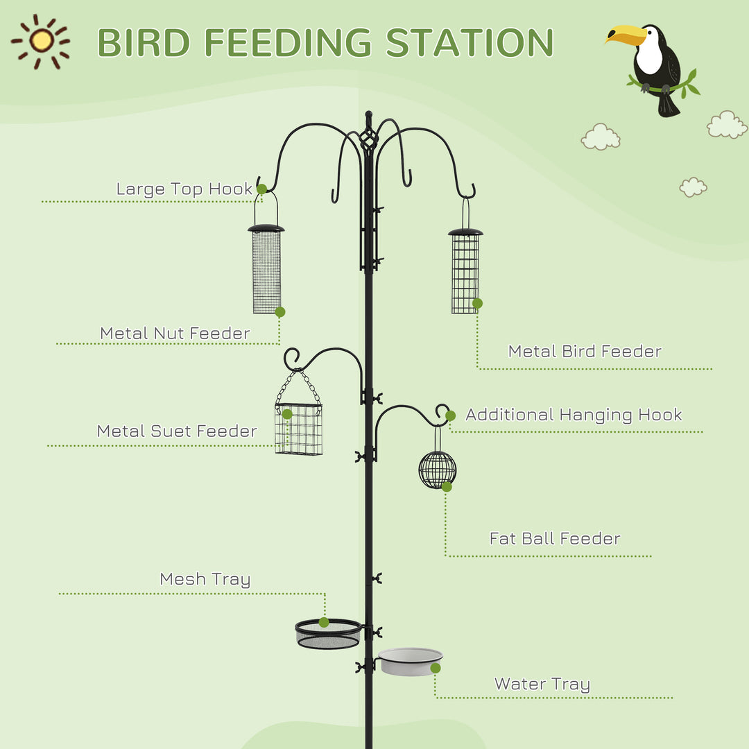 MCL Bird Feeding Station Kit, Wild Bird Feeder Pole with 6 Hooks, 4 Hanging Feeders for Peanuts, Seed, Fat Balls, for Garden, Outdoor, Black