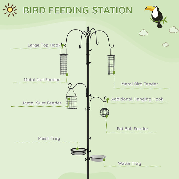 MCL Bird Feeding Station Kit, Wild Bird Feeder Pole with 6 Hooks, 4 Hanging Feeders for Peanuts, Seed, Fat Balls, for Garden, Outdoor, Black
