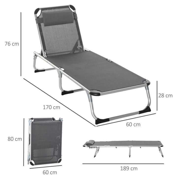 Outsunny Foldable Sun Lounger Set with Pillow, Adjustable Recliner, Aluminium Frame, Camping Cot, Grey