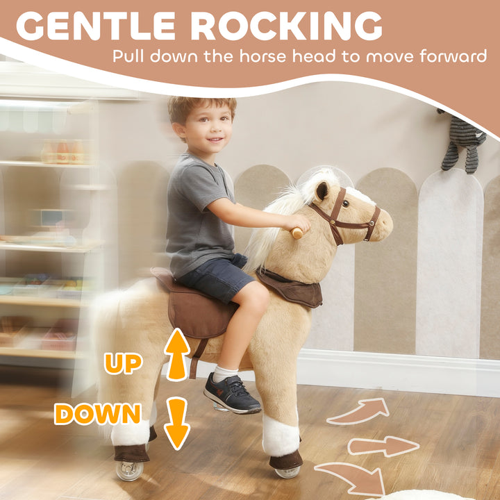 Rocking Horse, Plush Ride On Horse with Rolling Wheels &amp; Saddle, Ride 