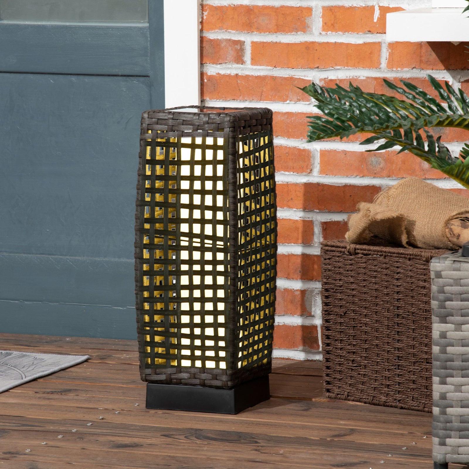Outdoor Rattan Solar Lantern, Brushed PE Wicker Patio Garden Lantern wtih Auto On/Off Solar Powered LED Lights for Indoor & Outdoor Use, Porch, Yard, Lawn, Courtyard, Grey