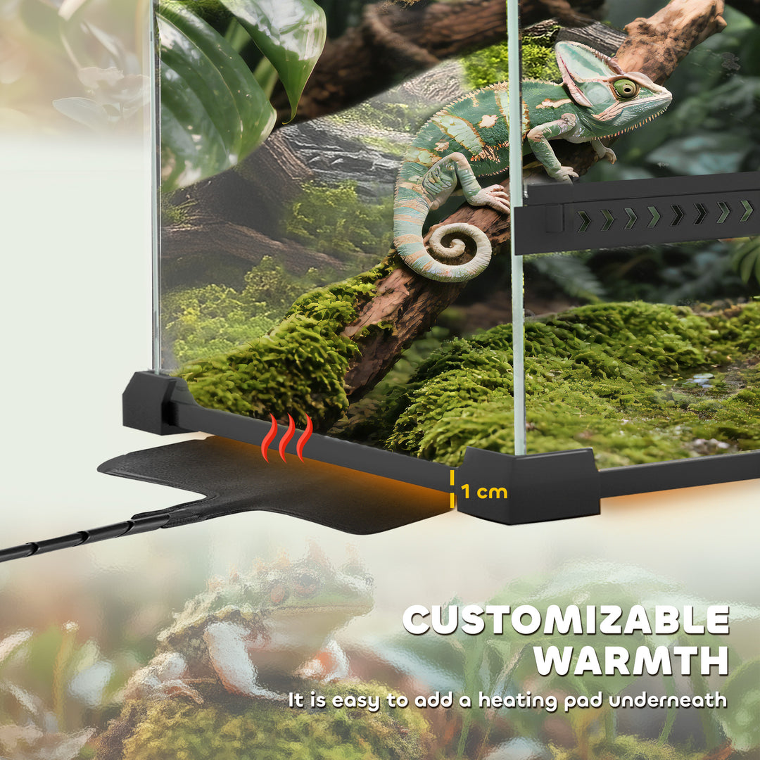 Reptile Glass Terrarium with Stone Background, Front Ventilation, Escape-Proof Knob Lock, 30 x 20 x 20 cm, Black