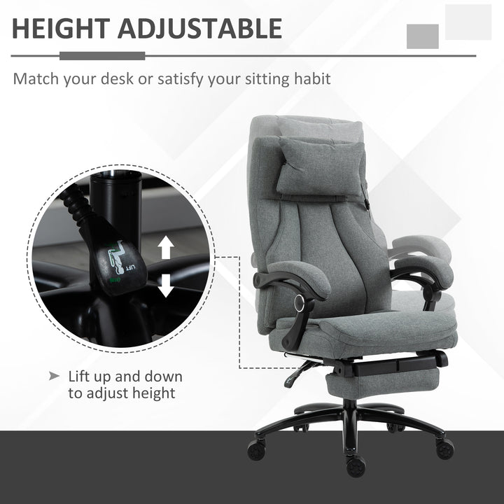 Office Chair, Fabric Desk Chair with Adjustable Massage Pillow, USB Power and Retractable Footrest, High Back, 360° Swivel, for Home, Grey