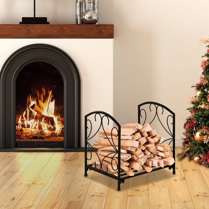 Metal Firewood Log Holder Indoor Outdoor Firewood Rack Fireplace Wood Storage Shelf w/ Elegant Scrolls, Rust-Resistant, Black, 39.5L x 31.5W x 39.5H cm