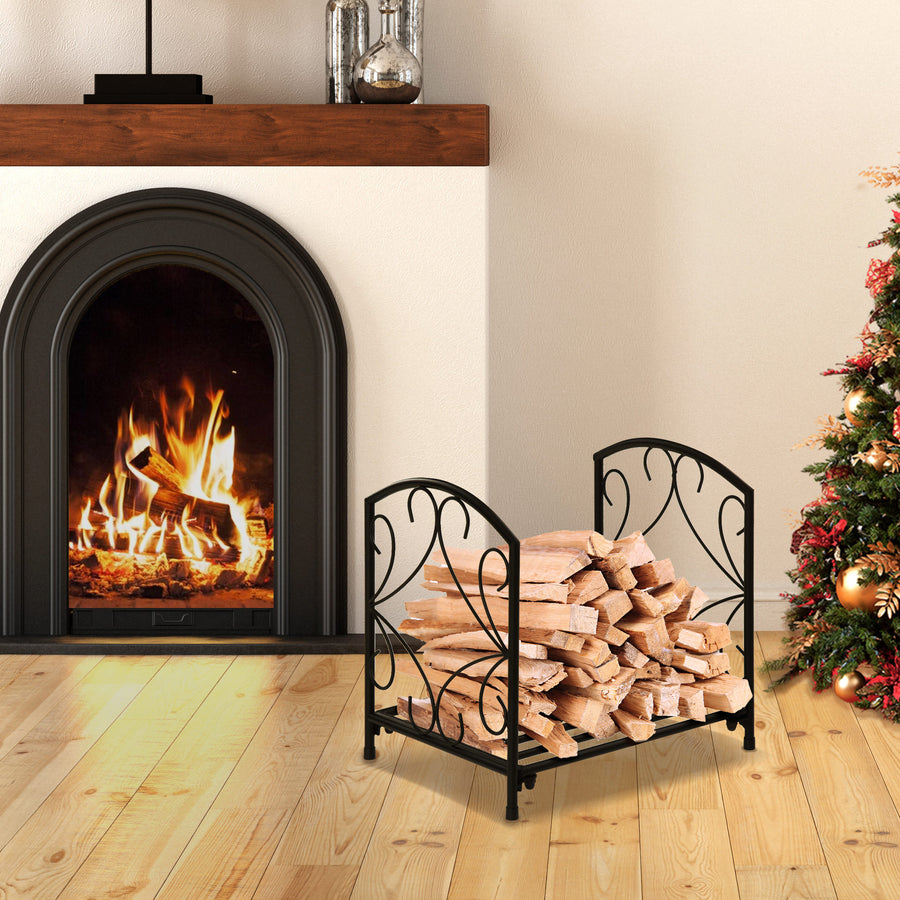 Metal Firewood Log Holder Indoor Outdoor Firewood Rack Fireplace Wood Storage Shelf w/ Elegant Scrolls, Rust-Resistant, Black, 39.5L x 31.5W x 39.5H cm