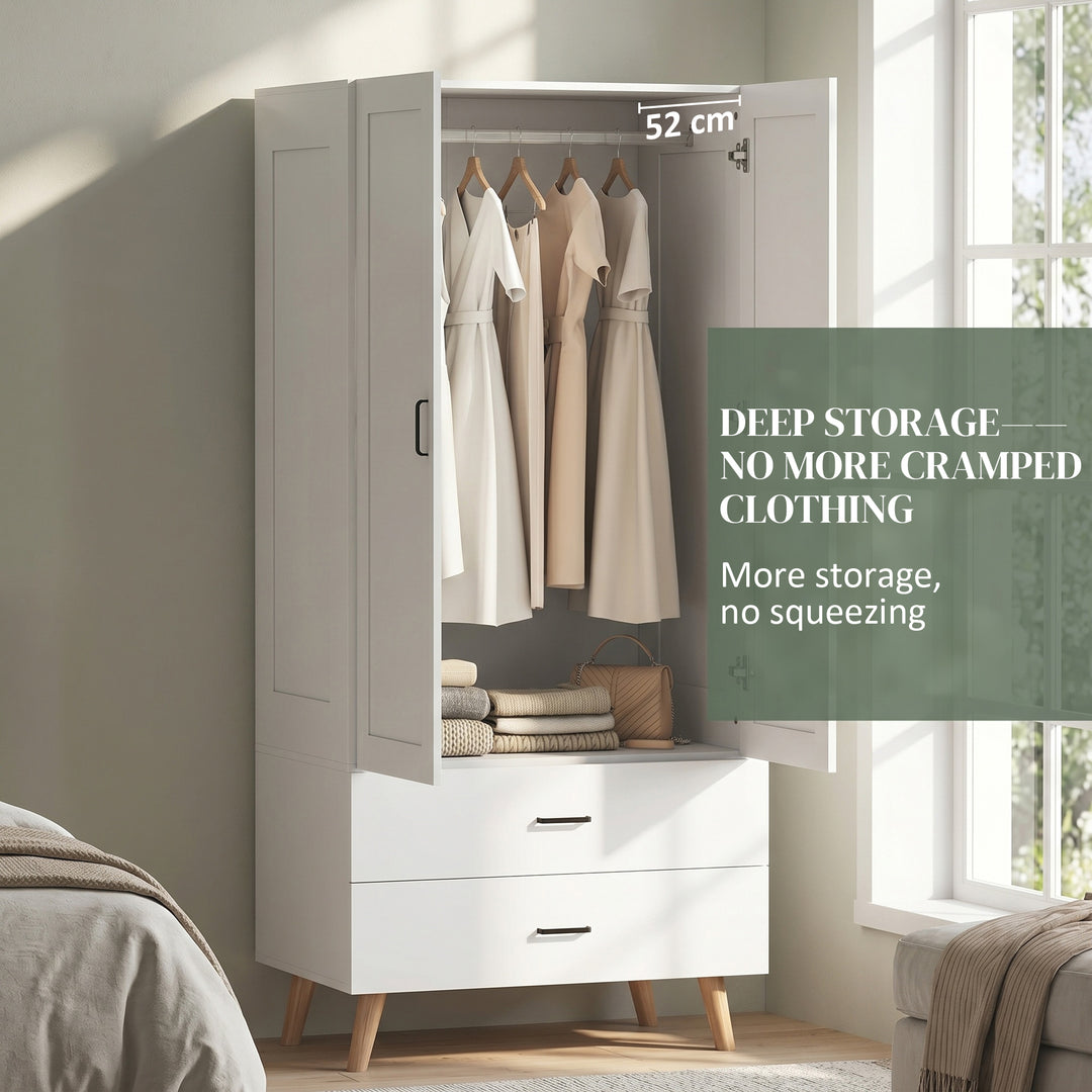 2-Door Wardrobe, Modern Wardrobe with 2 Drawers and Hanging Rail for B