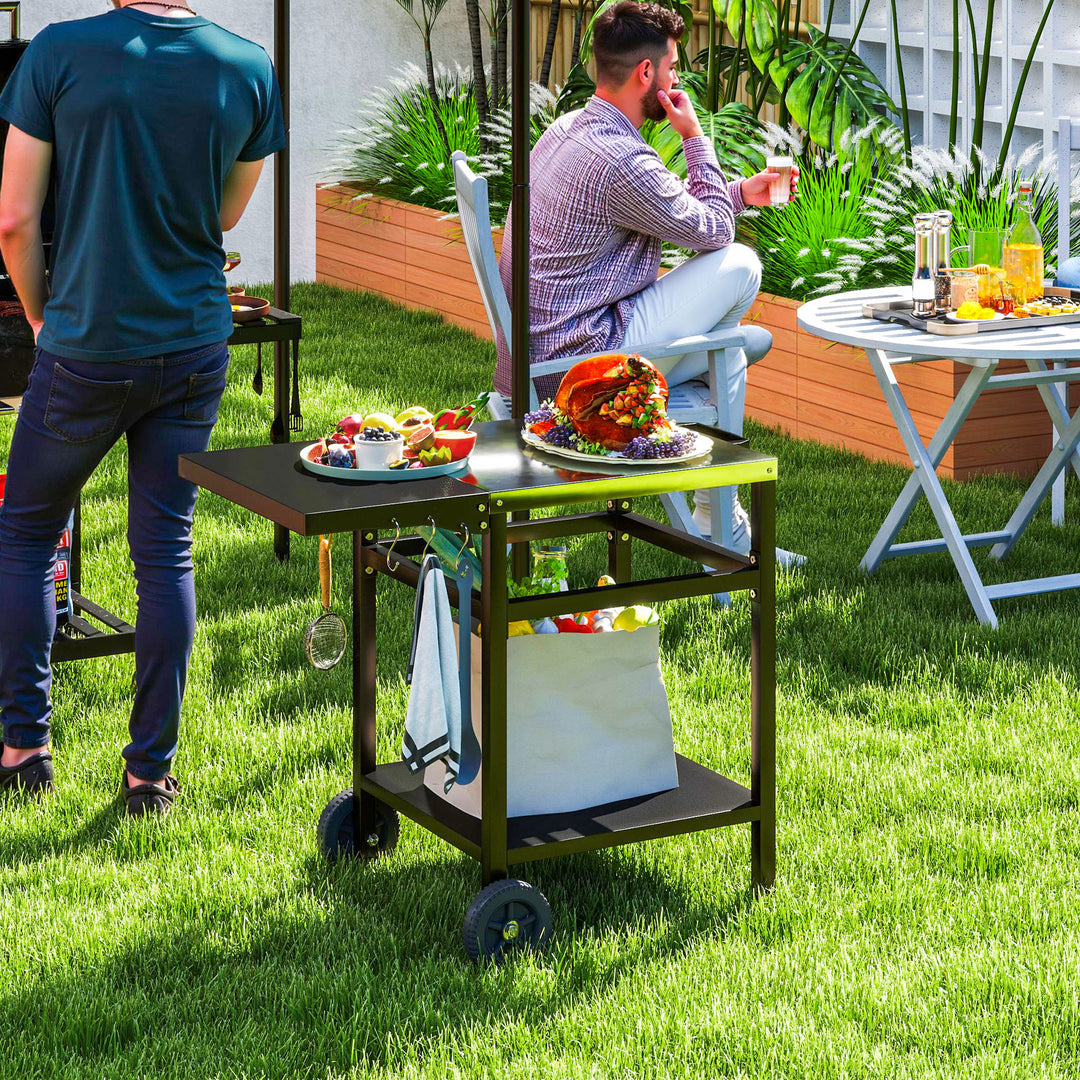 Outsunny BBQ Trolley with Stainless Steel Top and Foldable Side Table, Outdoor Kitchen BBQ Station with Hooks and Shelf, Pizza Oven Table Movable Outdoor Grill Dining Cart with Cover, Black