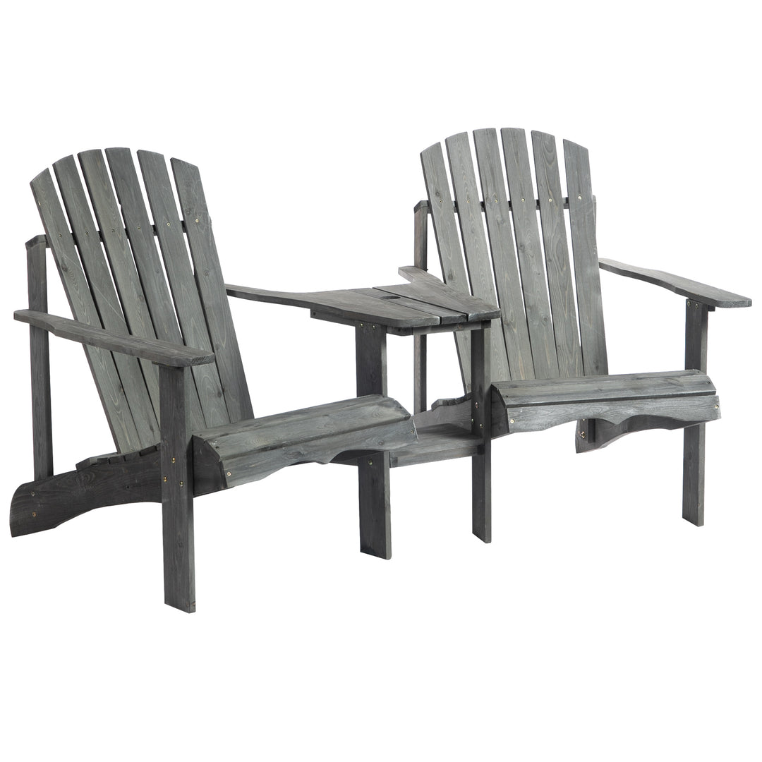 Wooden Outdoor Double Adirondack Chairs Loveseat w/ Centre Table and Umbrella Hole, Garden Patio Furniture for Lounging and Relaxing, Grey