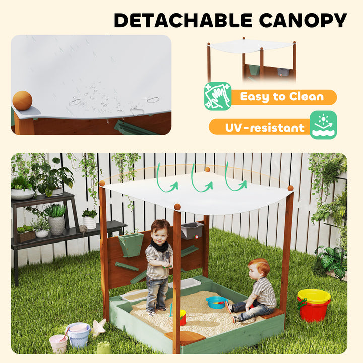 AIYAPLAY Wood Sandpit with Canopy, Storage Bins, Funnel, Liner, Chutes, Bucket with Tap, 116 x 112.5 x 128 cm, Green
