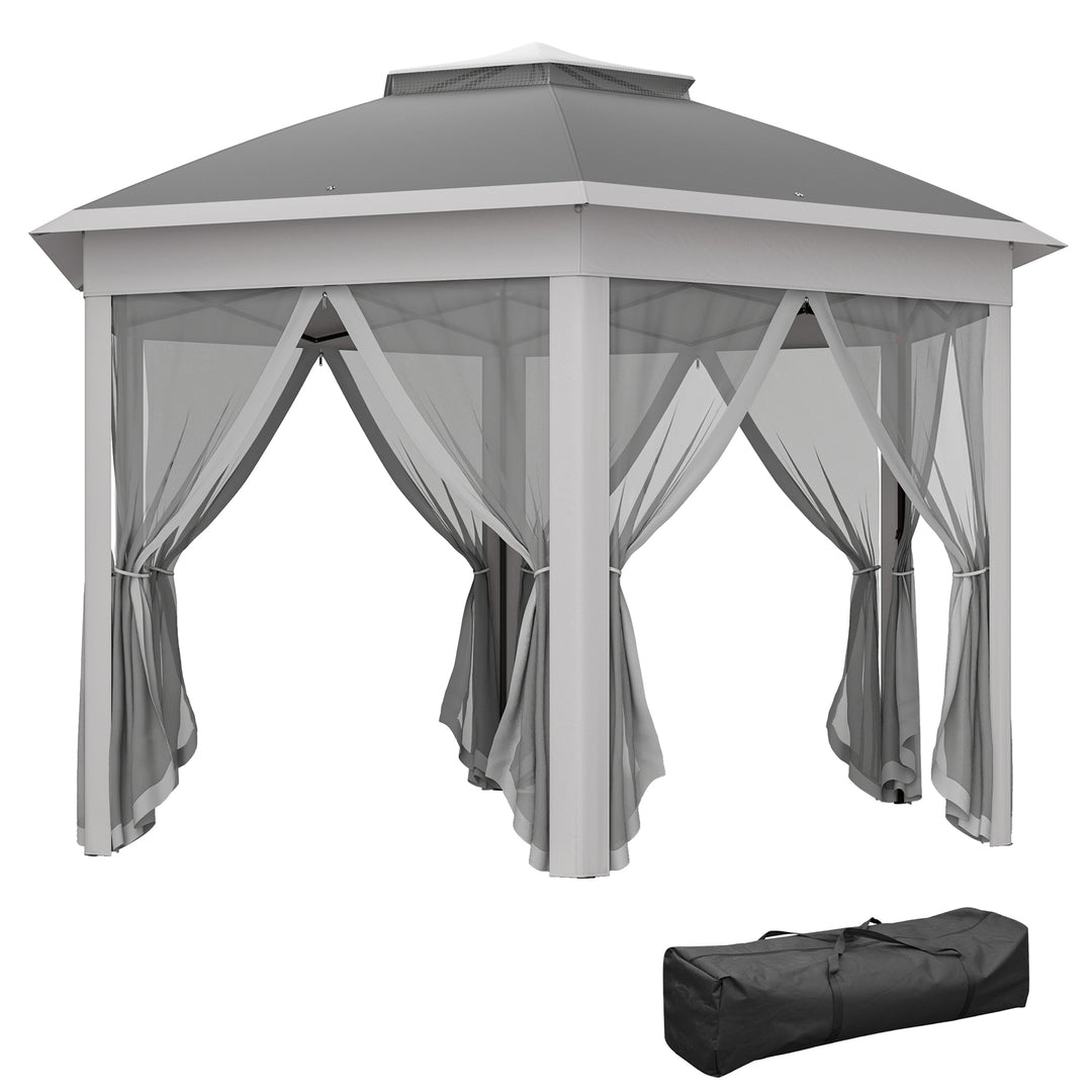 3 x 4m Garden Gazebo Hexagon Pop Up Gazebo Party Tent Canopy Double Roof Instant Shelter with Netting and Carry Bag for Outdoor Patio, Dark Grey