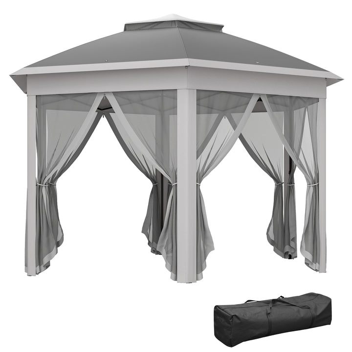 3 x 4m Garden Gazebo Hexagon Pop Up Gazebo Party Tent Canopy Double Roof Instant Shelter with Netting and Carry Bag for Outdoor Patio, Dark Grey